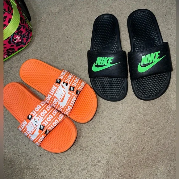 Nike Black and Green Slides with Orange Just Do It Slides - Picture 4 of 12